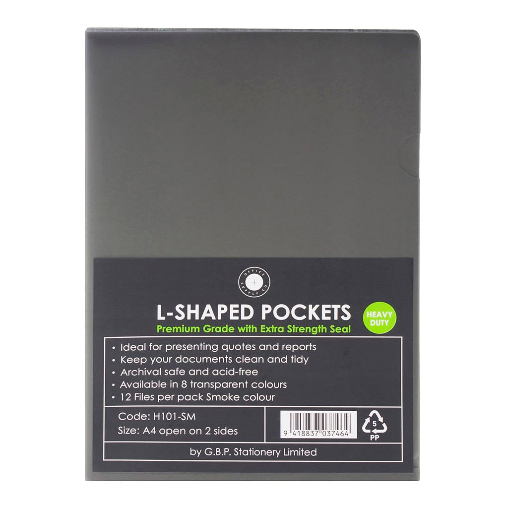 OSC L Shaped Pockets A4 Smoke, Pack of 12 - Cafe Supply