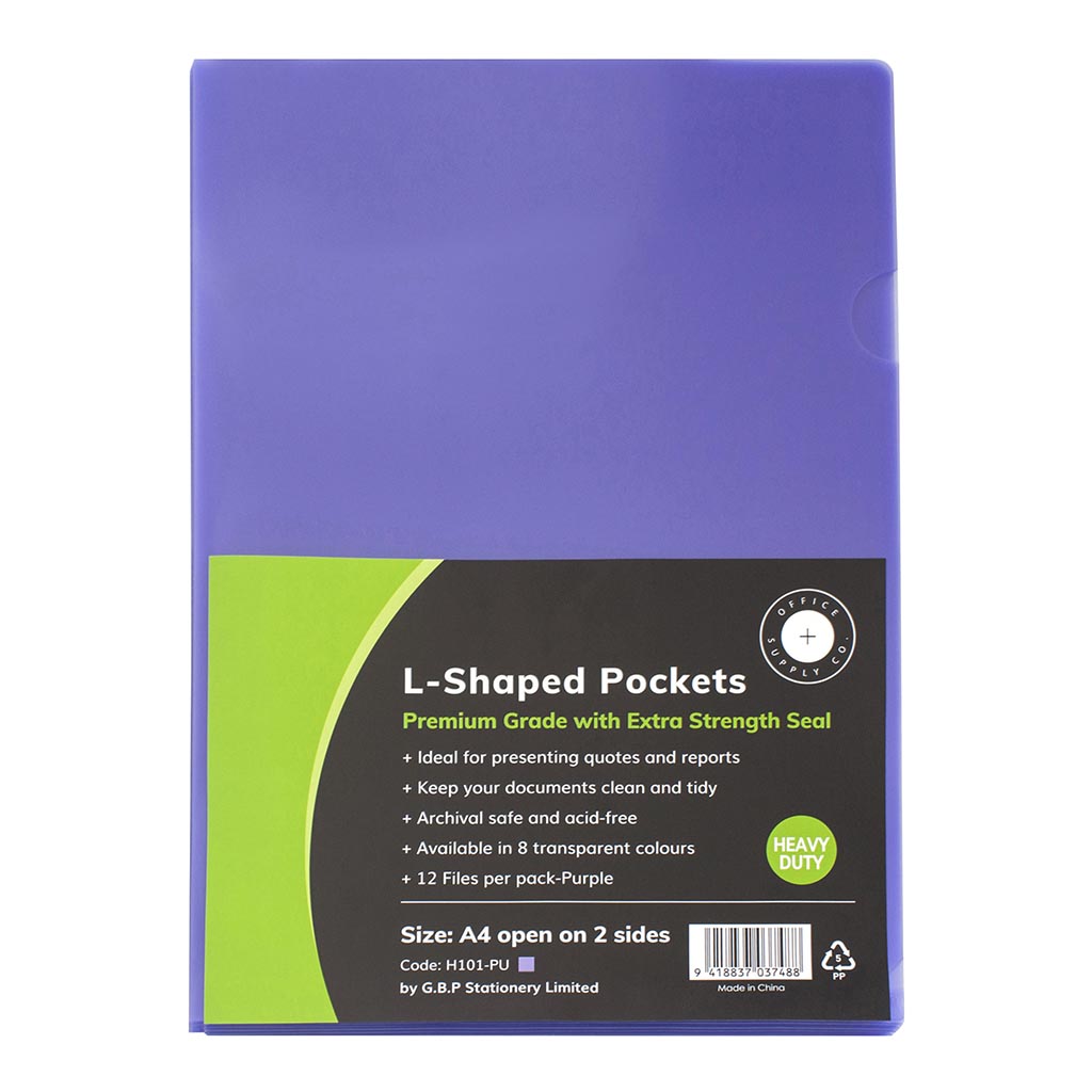 OSC L Shaped Pockets A4 Purple, Pack of 12 - Cafe Supply