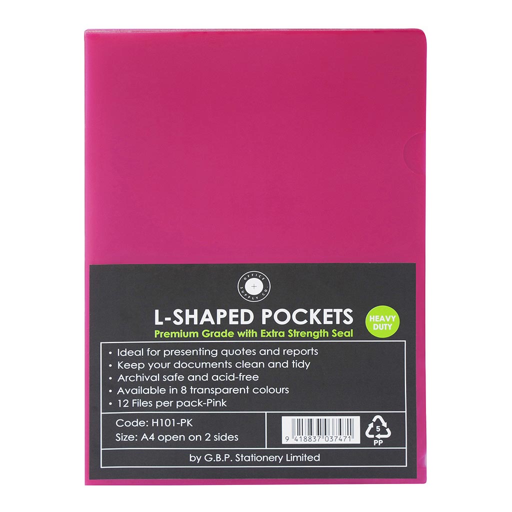 OSC L Shaped Pockets A4 Pink, Pack of 12 - Cafe Supply