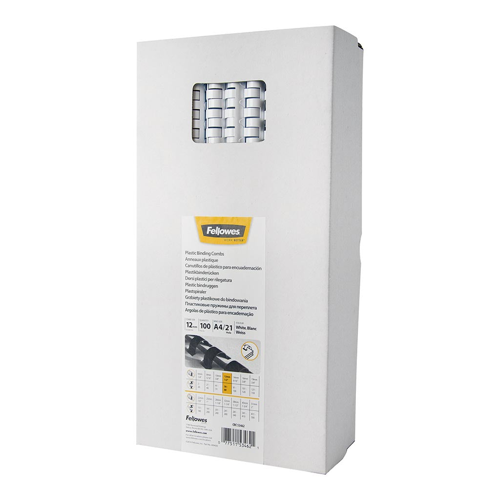 Fellowes Plastic Binding Coils 12mm White, Pack of 100 - Cafe Supply
