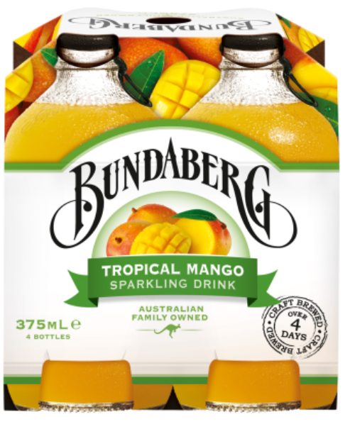 Bundaberg Tropical Mango Sparkling Drink 4 x 375ml - Cafe Supply