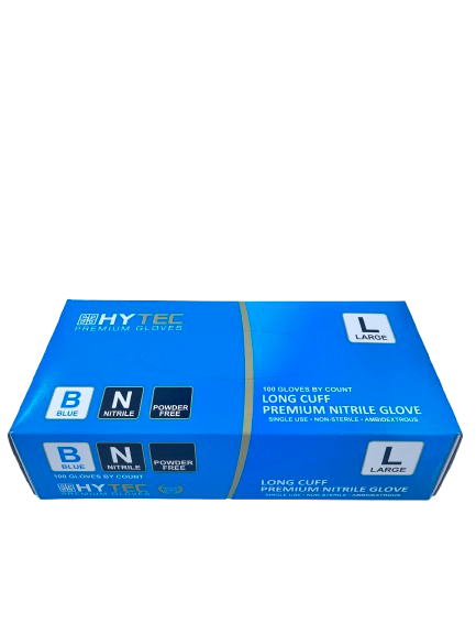 Hytec Blue Long Cuff Nitrile Gloves, Powder Free - Cafe Supply