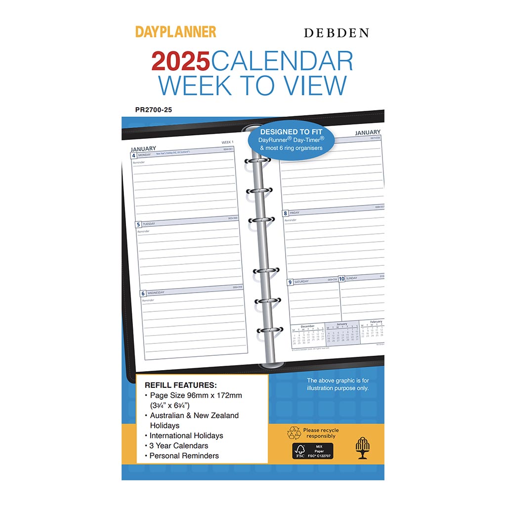 Debden Personal Dayplanner Refill 2025 Week to View - Cafe Supply