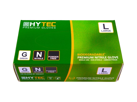 Hytec Green Nitrile Gloves, Powder Free, Biodegradable - Cafe Supply