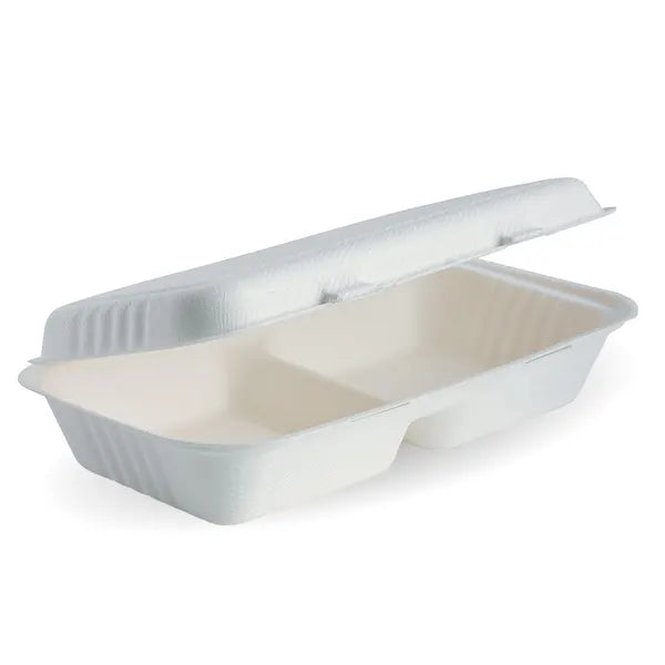 28x16x7cm / 11.6x6x3in 2-Compartment White Plant Fibre Clamshell - Cafe Supply