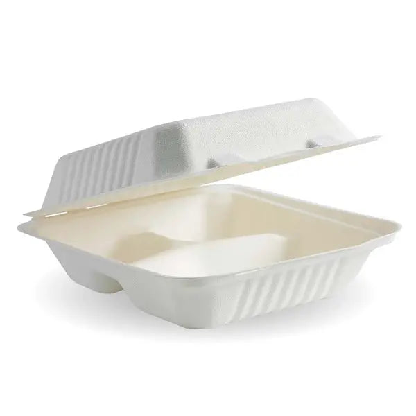 20x22x8cm / 7.8x8x3in 3-Compartment White Plant Fibre Clamshell - Cafe Supply