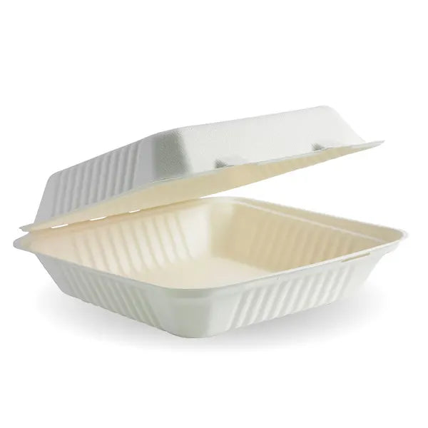 23x23x8cm / 9x9x3in White Plant Fibre Clamshell - Cafe Supply