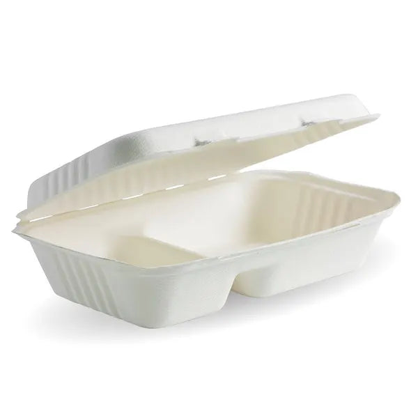23x15x8cm / 9x6x3in 2-Compartment White Plant Fibre Clamshell - Cafe Supply