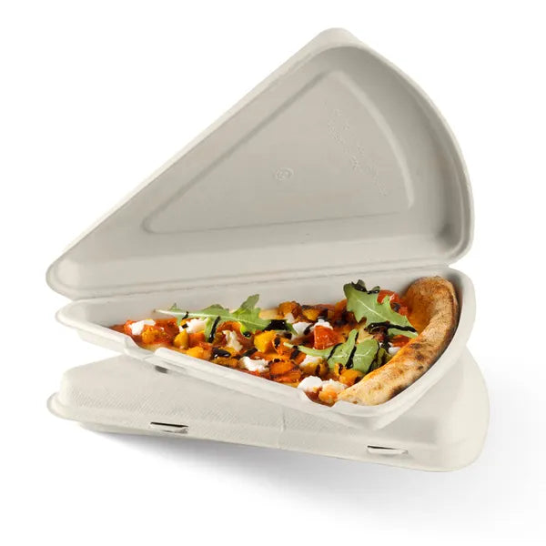 28cm x 16cm x 4cm / 9in Natural Plant Fibre Pizza Slice Clamshell - Cafe Supply