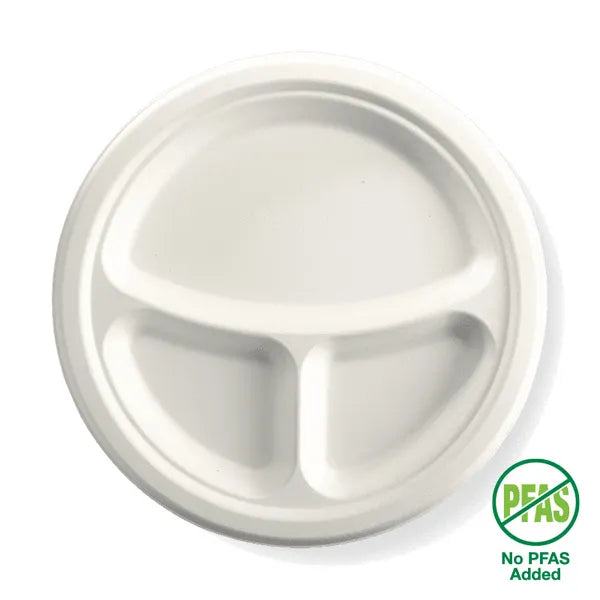 25cm / 10" 3-Compartment Round Plant Fibre Plate - Cafe Supply