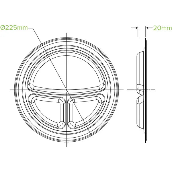 23cm / 9" 3-Compartment Round Plant Fibre Plate - Cafe Supply