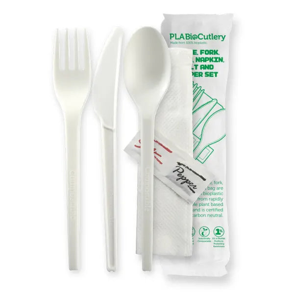 16.5cm / 6.5" PLA Knife, Fork, Spoon, Napkin, Salt & Pepper Set - Cafe Supply