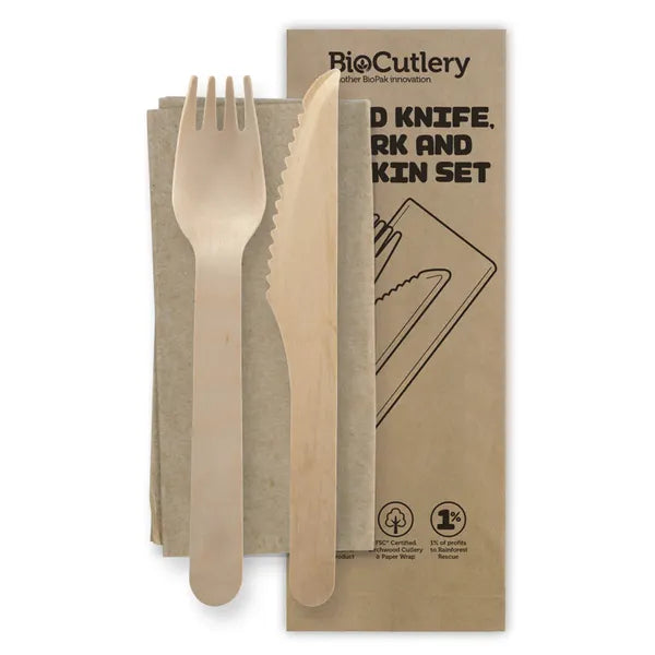 16cm Wood Knife, Fork & Napkin Set - Cafe Supply
