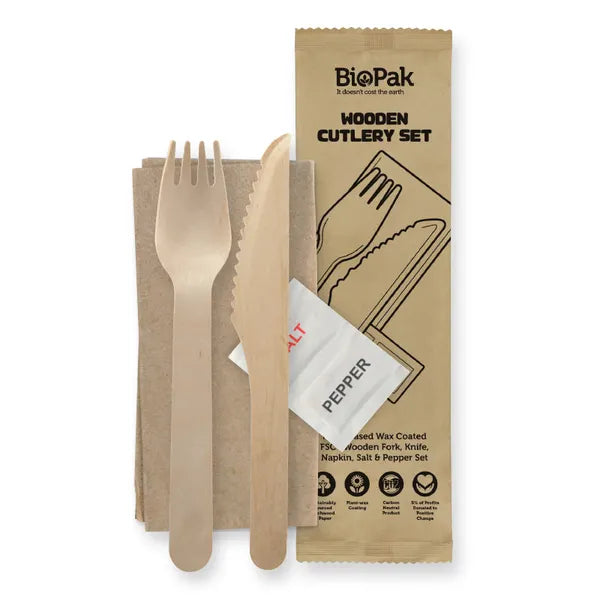 16cm Coated Wood Knife, Fork, Napkin, Salt & Pepper Set - Cafe Supply