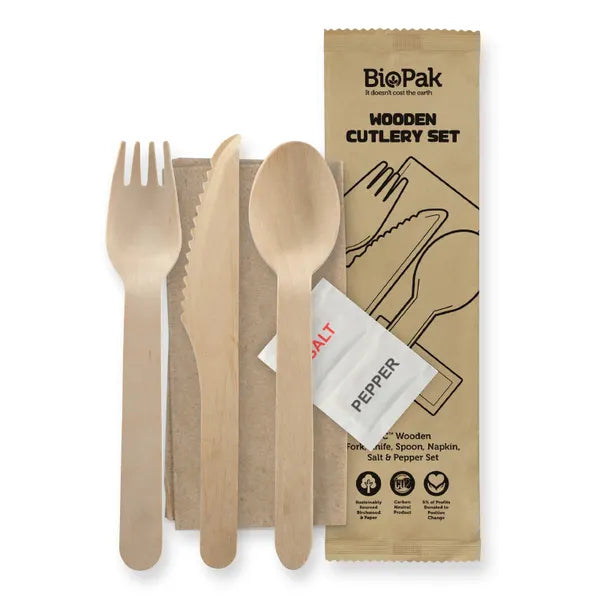 16cm Wood Knife, Fork, Spoon, Napkin, Salt & Pepper set - Cafe Supply
