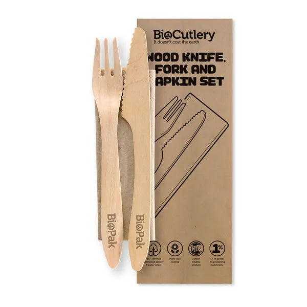 19cm Coated Wood Knife, Fork & Napkin Set - Cafe Supply