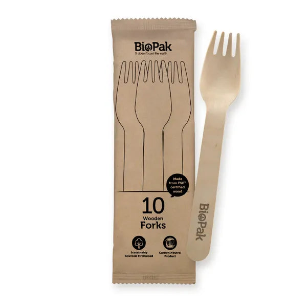 10 Pack - 16cm Wooden Fork In Paper Sleeves - Cafe Supply