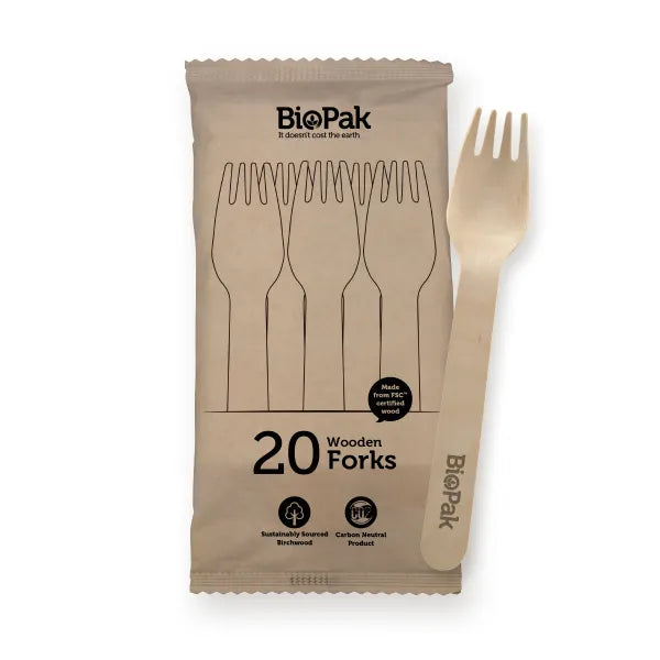 20 Pack - 16cm Wooden Fork In Paper Sleeves - Cafe Supply