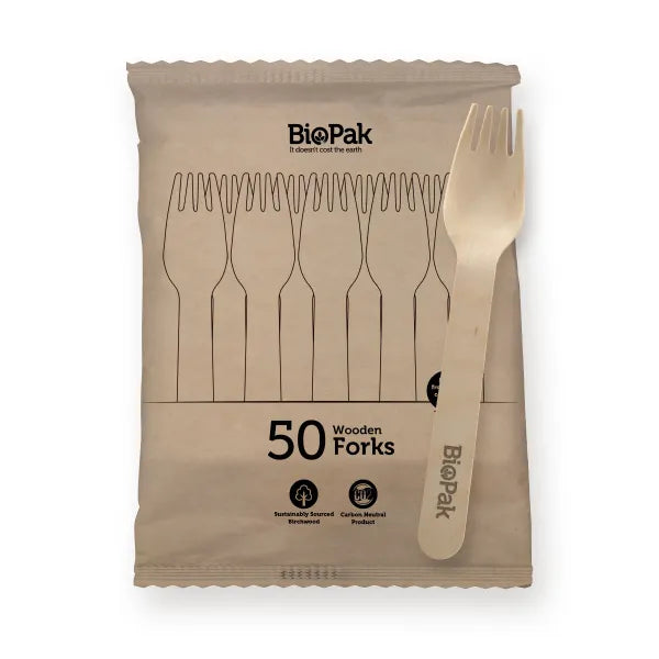 50 Pack - 16cm Wooden Fork In Paper Sleeves - Cafe Supply