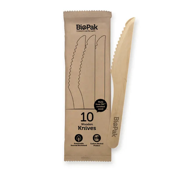 10 Pack - 16cm Wooden Knife In Paper Sleeves - Cafe Supply