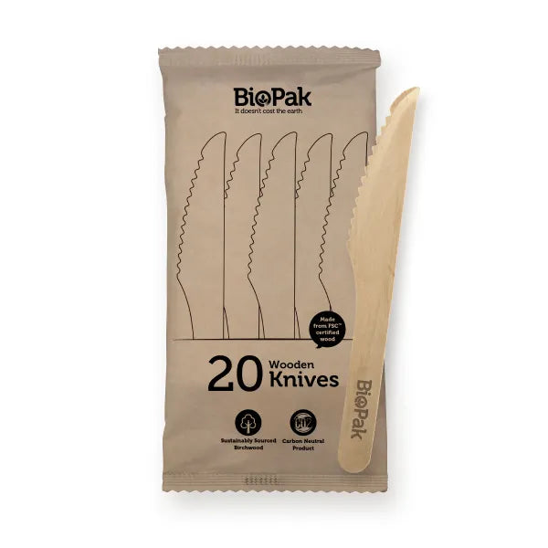 25 Pack - 16cm Wooden Knife In Paper Sleeves - Cafe Supply