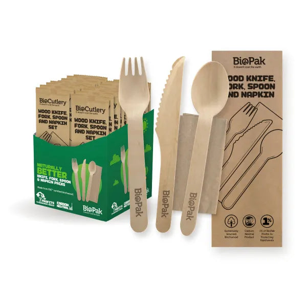 16cm FSC™ Wood Fork, Knife, Spoon & Napkin Sets - Cafe Supply