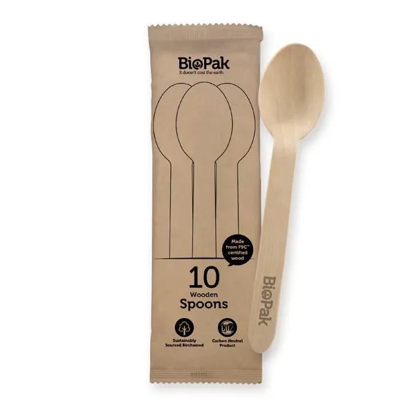 10 Pack - 16cm Wooden Spoon In Paper Sleeves - Cafe Supply