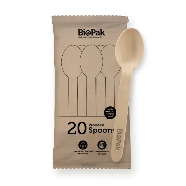20 Pack - 16cm Wooden Spoon In Paper Sleeves - Cafe Supply
