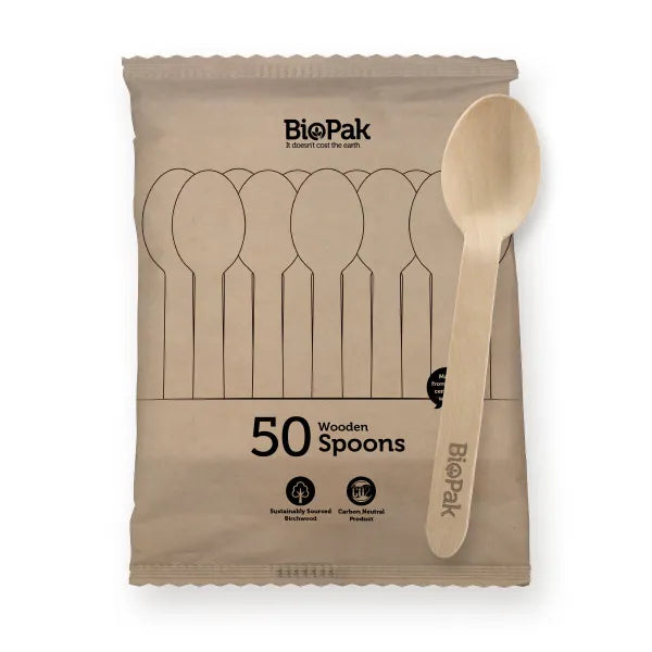 50 Pack - 16cm Wooden Spoon In Paper Sleeves - Cafe Supply