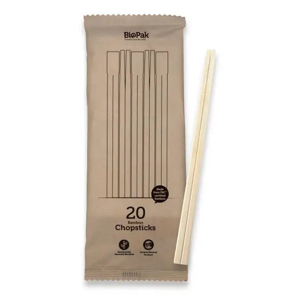 20 Pack - 21cm Bamboo Chopsticks in Paper Sleeve - Cafe Supply