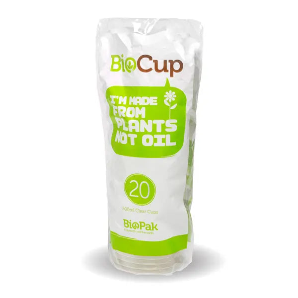 20 Pack - 500ml Clear Tumbler BioCups - Cafe Supply