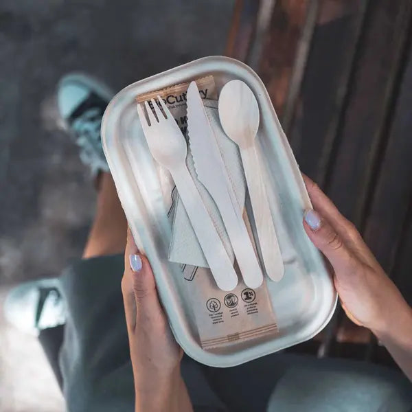 16cm Wood Knife, Fork, Spoon & Napkin Set - Cafe Supply