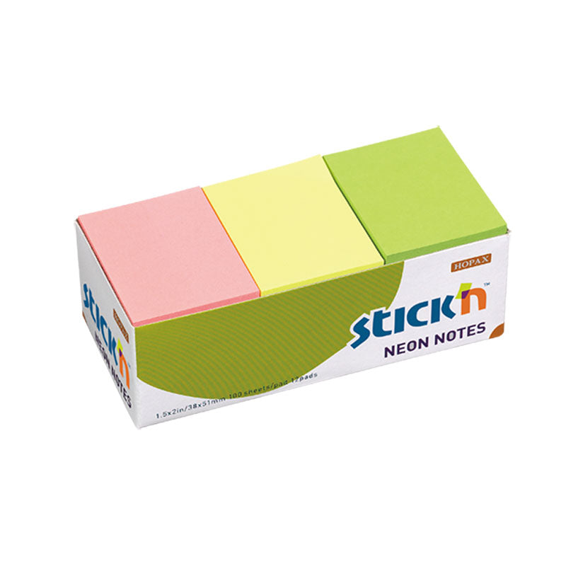 Stick'n Note 38x50mm 100 Sheet Neon Assorted Pack 12 - Cafe Supply
