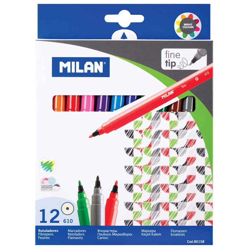 Milan Markers Fine Tip Pack 12 Assorted Colours - Cafe Supply