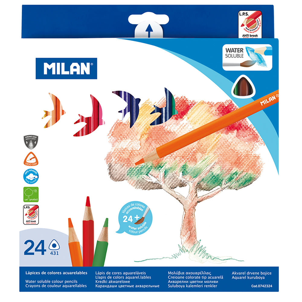 Milan Coloured Pencils Triangular Watercolour Pack 24 Assorted Colours - Cafe Supply