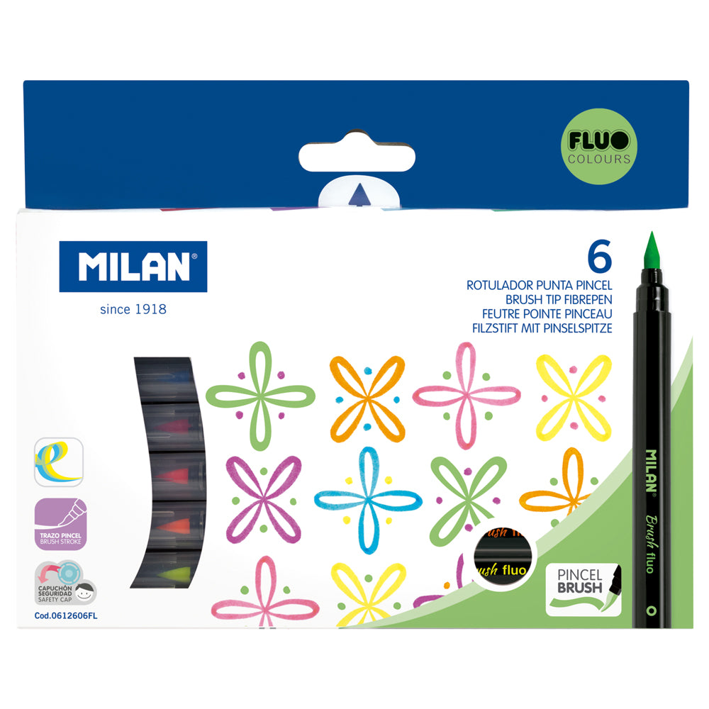 Milan Markers Brush Tip Fluoro Pack 6 - Cafe Supply
