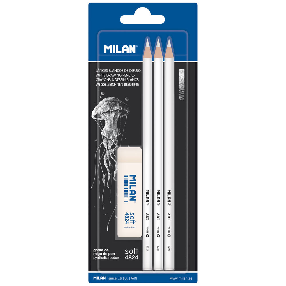Milan White Drawing Pencils Pack 3 + Eraser - Cafe Supply