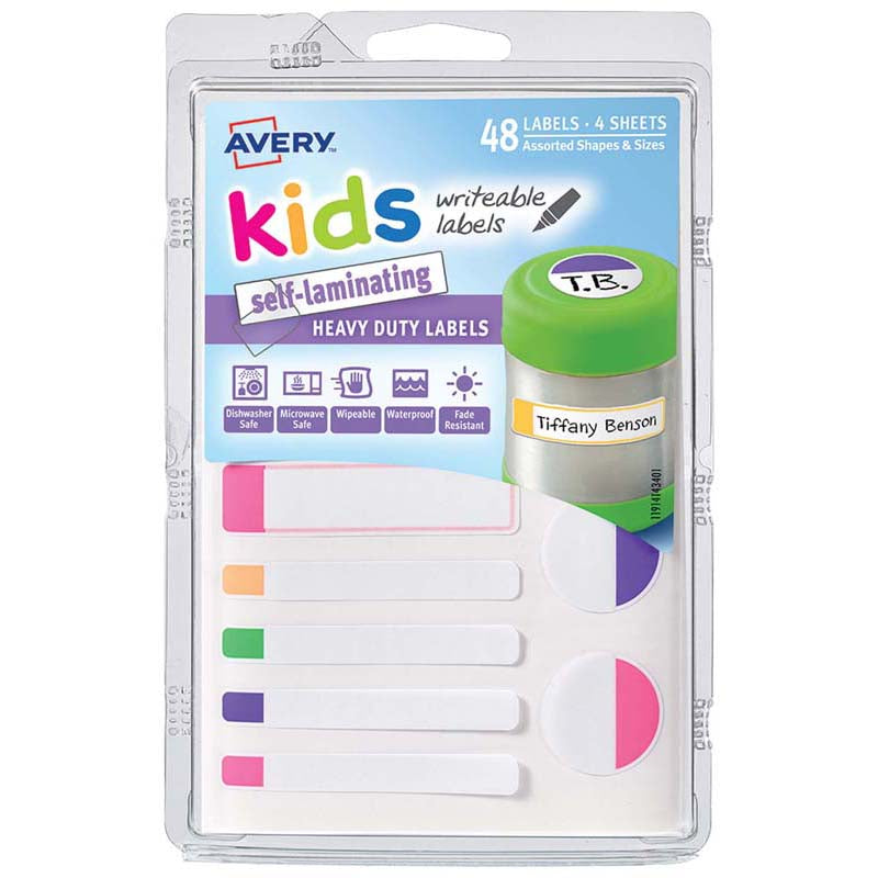 Avery Label Kids Self Laminating Bright Assorted Size And Shape 12up 4 Sheets - Cafe Supply