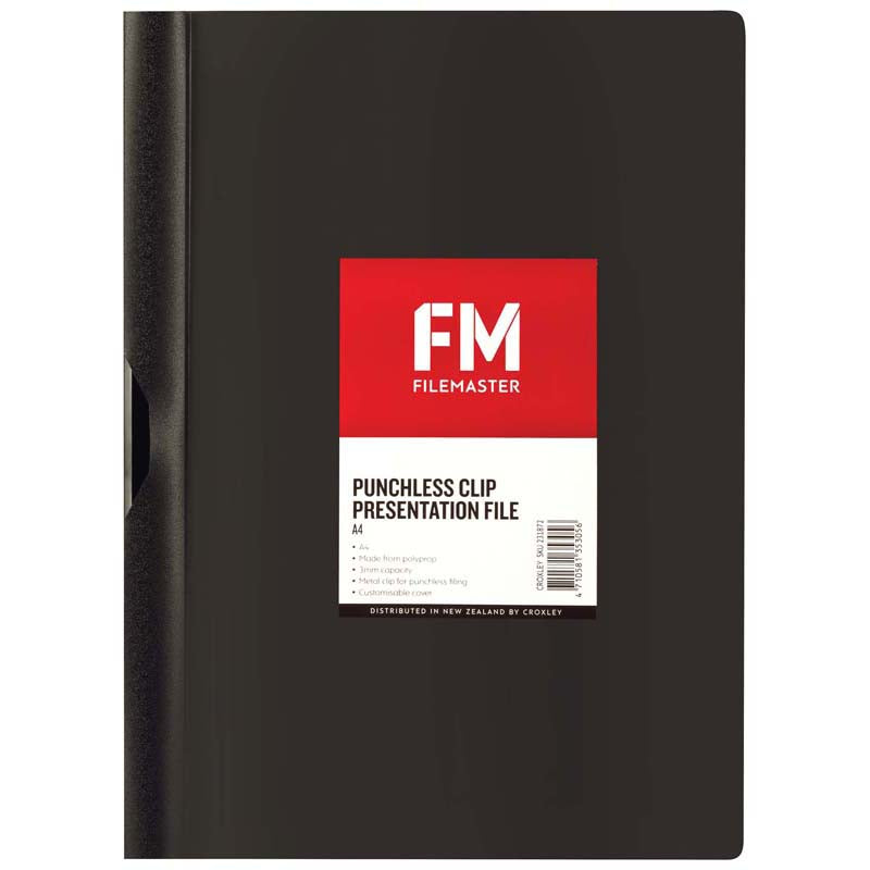 FM Clipfile Punchless Black A4 3mm Polyprop - Cafe Supply