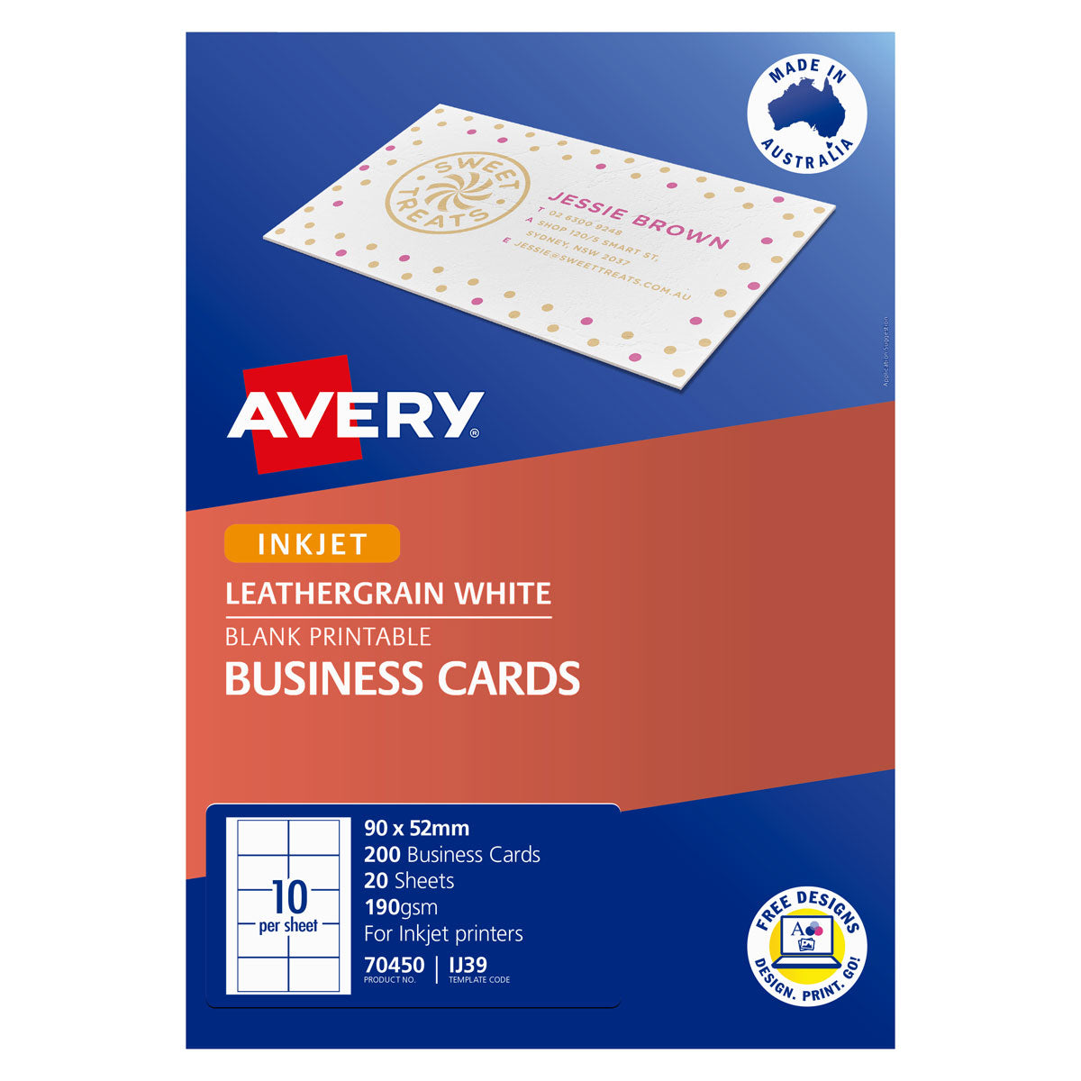 Avery Business Cards Leathergrain 190gsm Inkjet Laser 10up 20 Sheets IJ39 - Cafe Supply