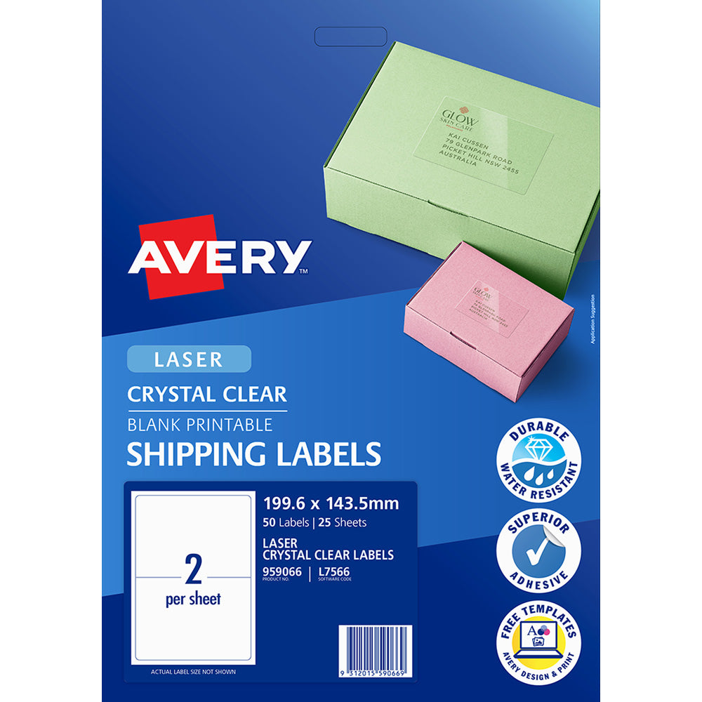 Avery Shipping Label L7566 Crystal Clear 199.6x143.5mm 2up 25 Sheets - Cafe Supply