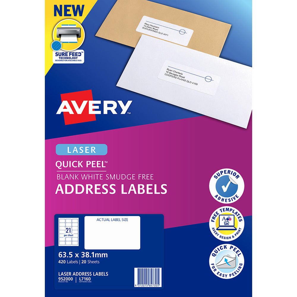 Avery Label L7160-20 Laser 21up 20 Sheets 63x38mm - Cafe Supply