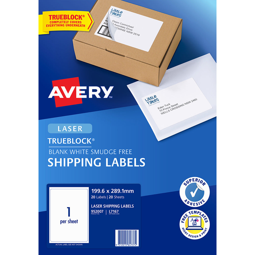 Avery Label L7167-20 Laser 1up 20 Sheets 199x289mm - Cafe Supply
