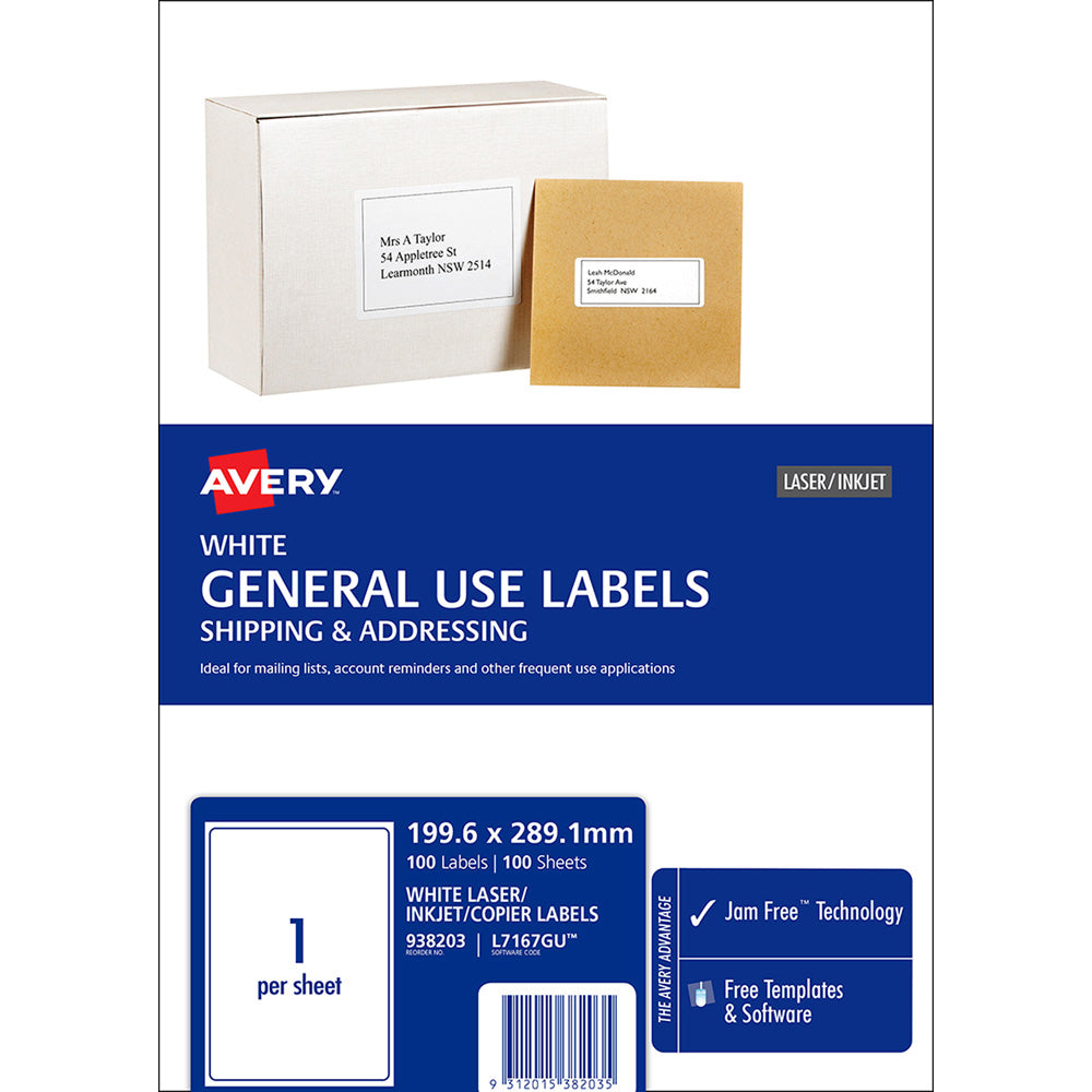 Avery Label L7167 General Use A4 1up 100 Sheets 199x289mm - Cafe Supply