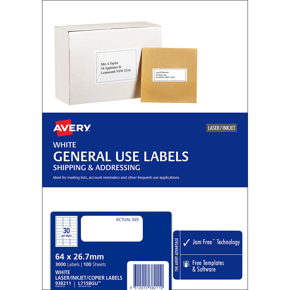 Avery Label L7158 General Use 64x26.7mm 30up 100 Sheets - Cafe Supply