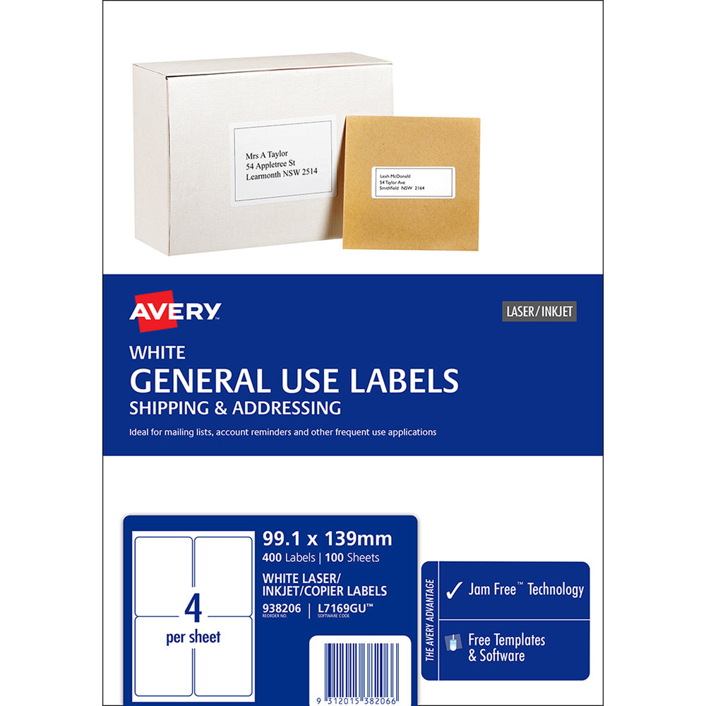 Avery Label L7169 General Use A4 4up 100 Sheets 99x139mm - Cafe Supply