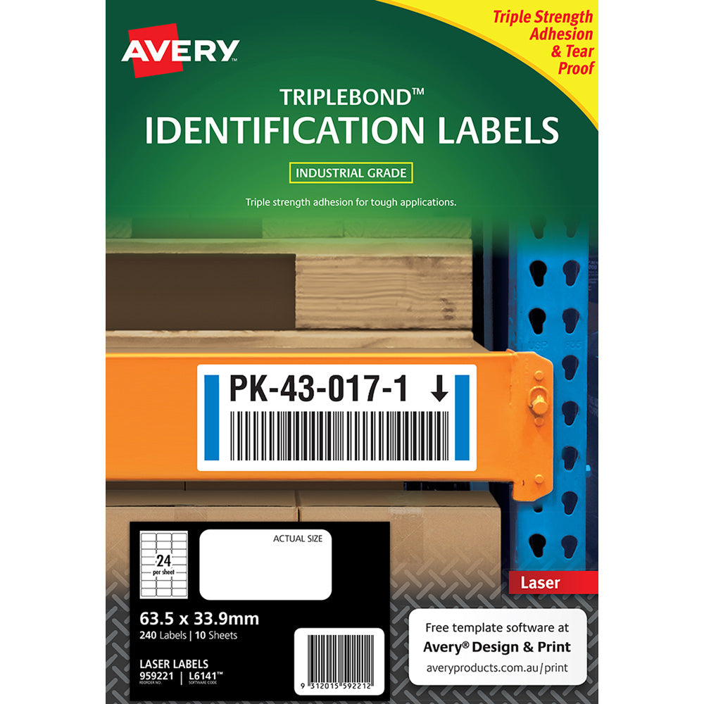 Avery Triplebond Label L6141 White Laser 63.5x33.9mm 24up 10 Sheets - Cafe Supply