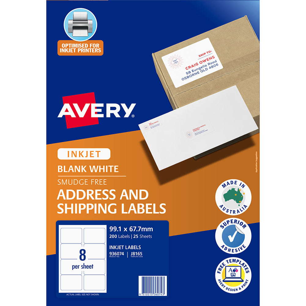 Avery Label J8165-25 Inkjet 8up 25 Sheets 99x67mm - Cafe Supply
