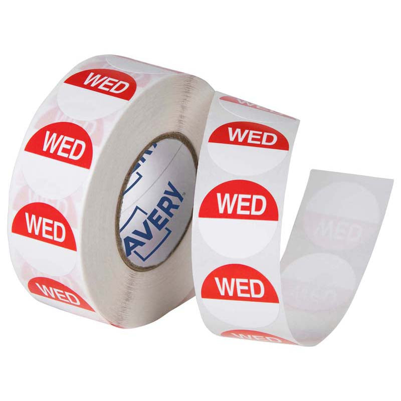 Avery Labels Wednesday Round Day 24mm Red White 1000 Roll - Cafe Supply