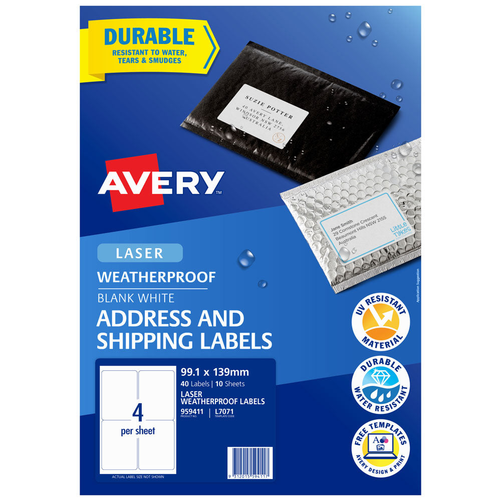 Avery Weatherproof Label L7071 99.1X139mm 4up 10 Sheets - Cafe Supply